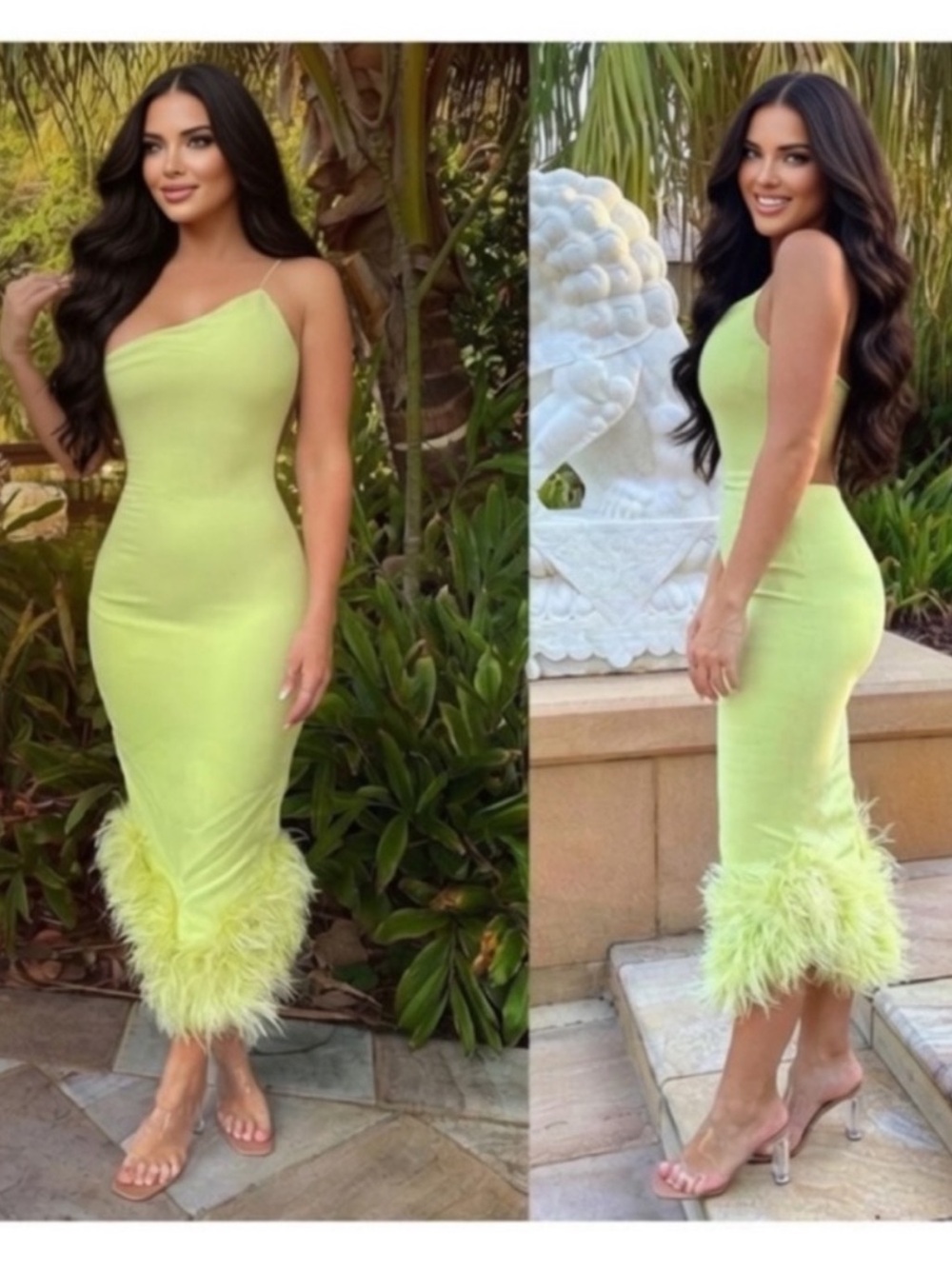 House Of Cb 'Alessia' Green Asymmetric Feather Trim Midi Dress Size S US4-6 $369 - Picture 6 of 10